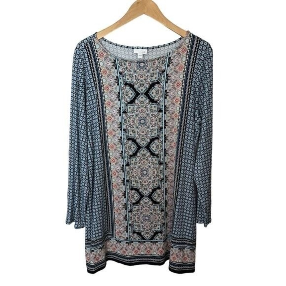 J Jill Boho Tunic Top Blue‎ Floral Paisley Mixed Print Womens Large Pullover